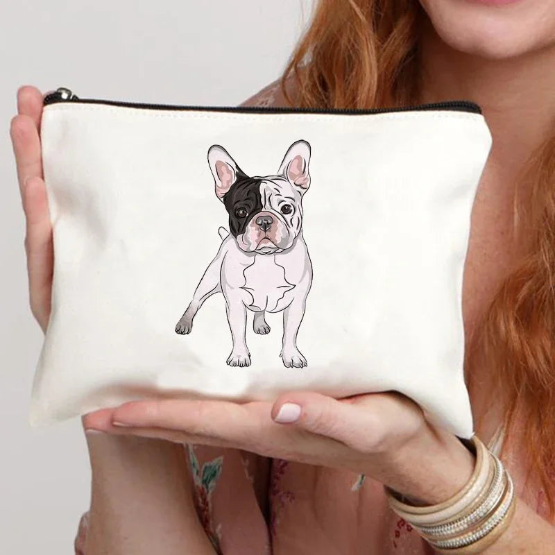 Funny French Bulldog Cartoon Print Makeup Canvas Bag Women's Bags Organizer Mini Bag Toiletry Kit Professional Suitcase Make Up