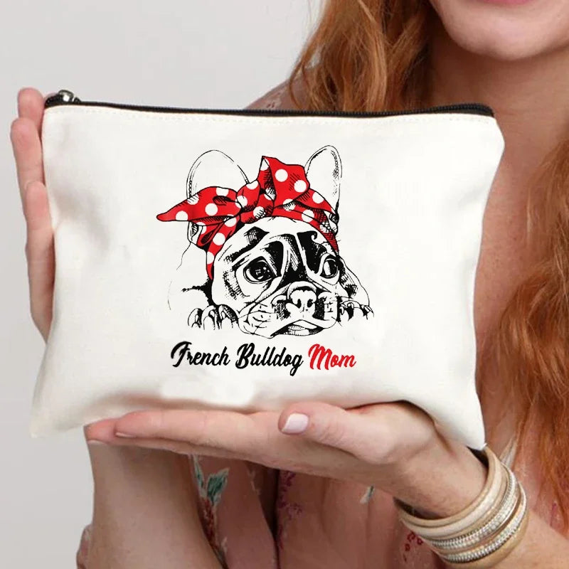 Funny French Bulldog Cartoon Print Makeup Canvas Bag Women's Bags Organizer Mini Bag Toiletry Kit Professional Suitcase Make Up