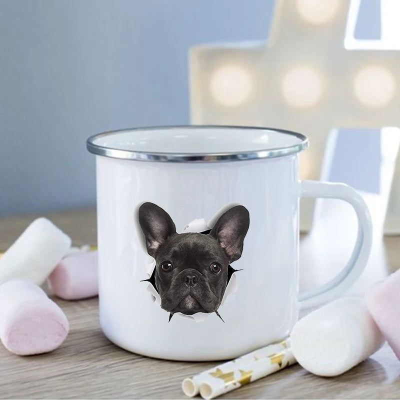 French Bulldog Print Enamel Mug Creative Coffee Cups Drinks Dessert Breakfast Milk Cup Vintage Mugs Handle Drinkware Best Gifts