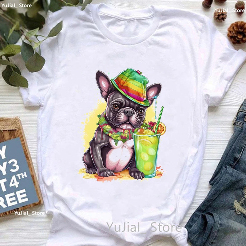 Cute French Bulldog Puppy Love Coffee Print T Shirt Girls Funny White Tshirt Women Harajuku Kawaii Dog Lover T-Shirt Female