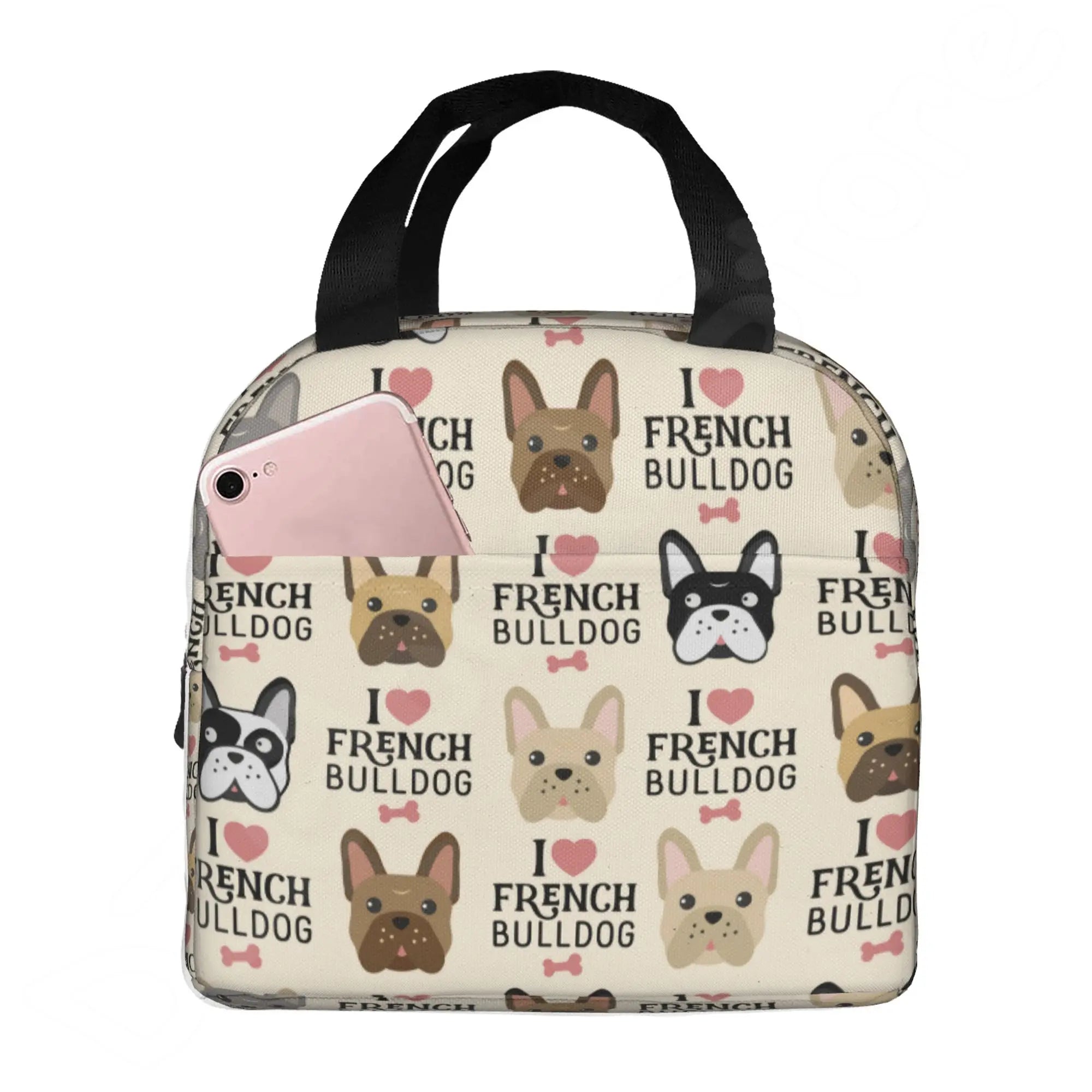 French Bulldog Puppy Facial Insulated Lunch Bag for Work School Picnic Resuable Portable Thermal Cooler Lunch Box for Women Kids