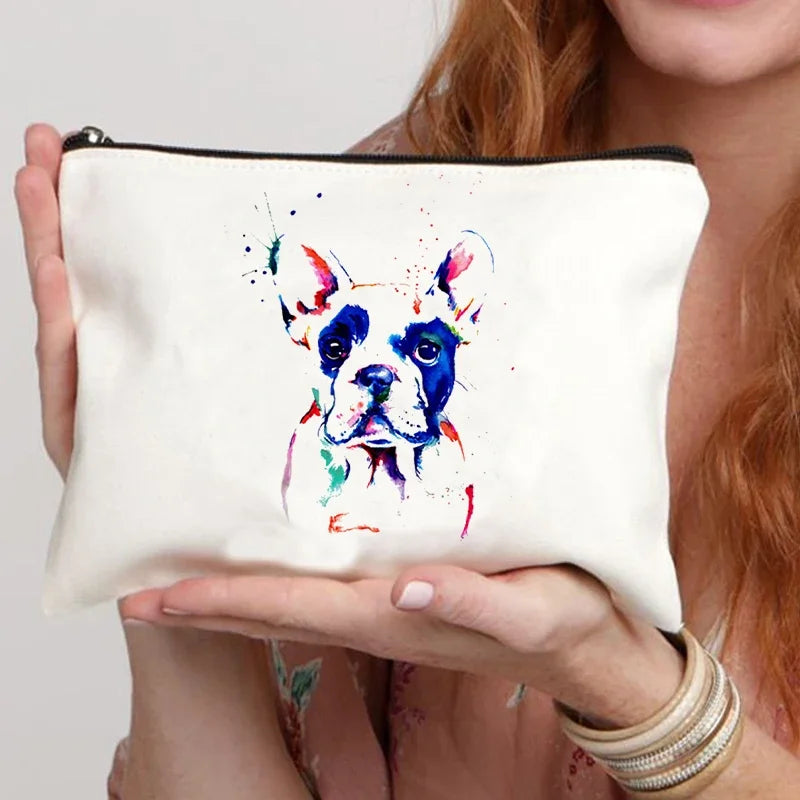 Funny French Bulldog Cartoon Print Makeup Canvas Bag Women's Bags Organizer Mini Bag Toiletry Kit Professional Suitcase Make Up