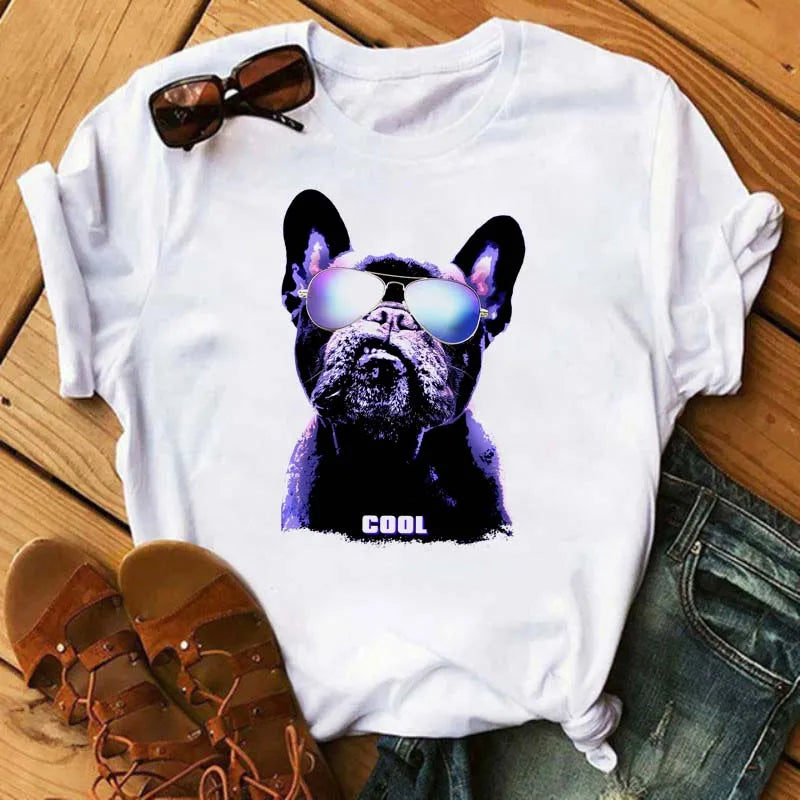 Cute French Bulldog T-shirt Animal Harajuku Print Pattern Shirt Fun French Bulldog Short Sleeves Animal Lover Tshirt Dog Mom Tee