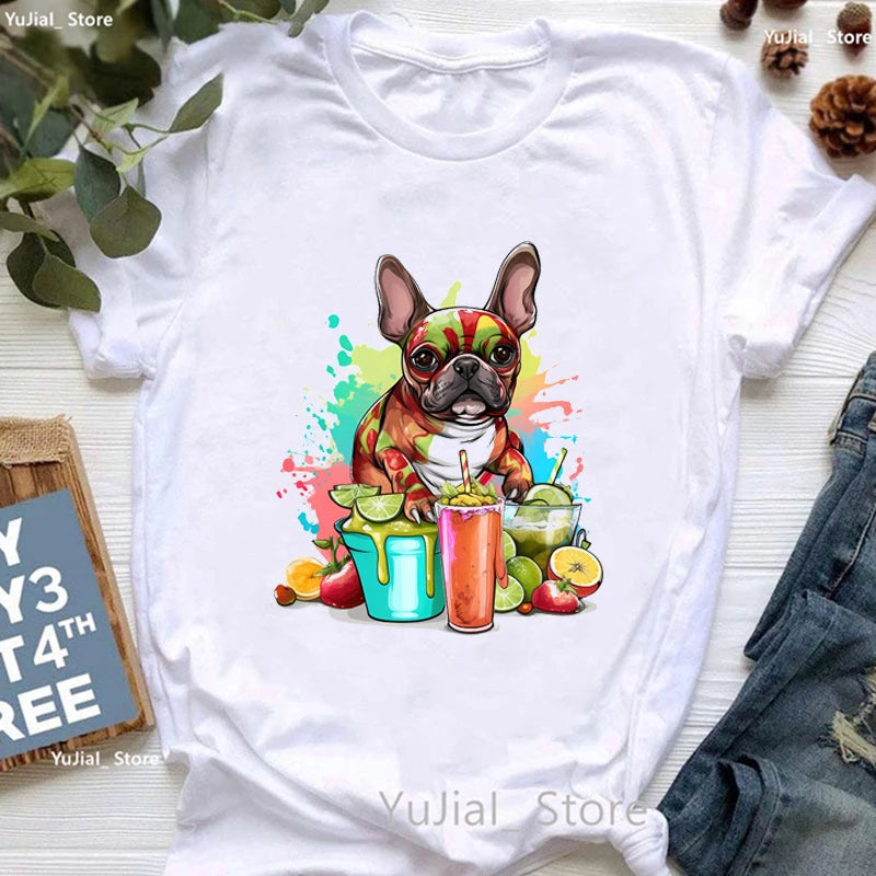 Cute French Bulldog Puppy Love Coffee Print T Shirt Girls Funny White Tshirt Women Harajuku Kawaii Dog Lover T-Shirt Female