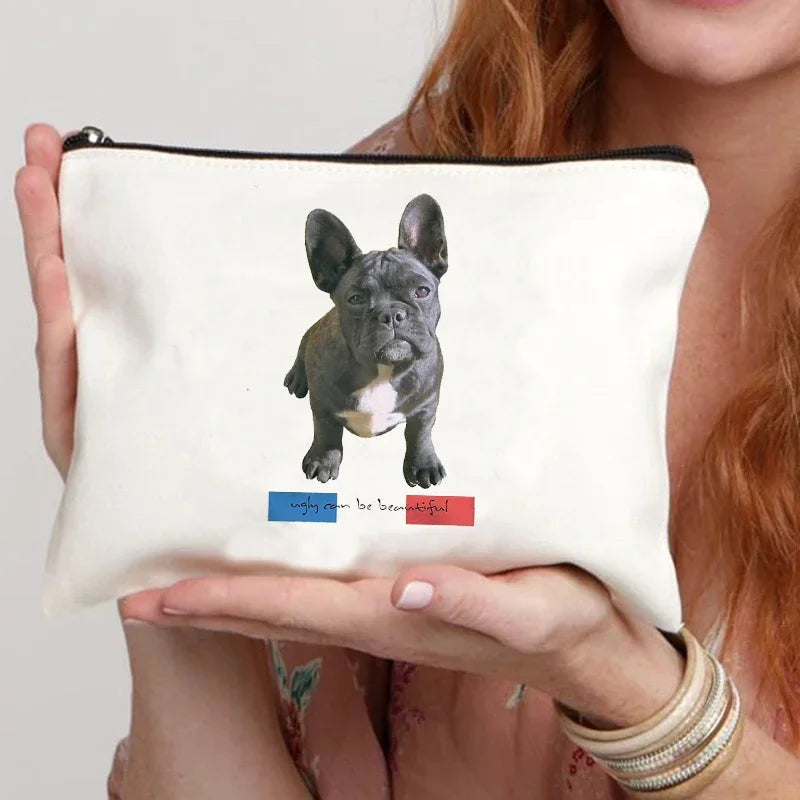 Funny French Bulldog Cartoon Print Makeup Canvas Bag Women's Bags Organizer Mini Bag Toiletry Kit Professional Suitcase Make Up